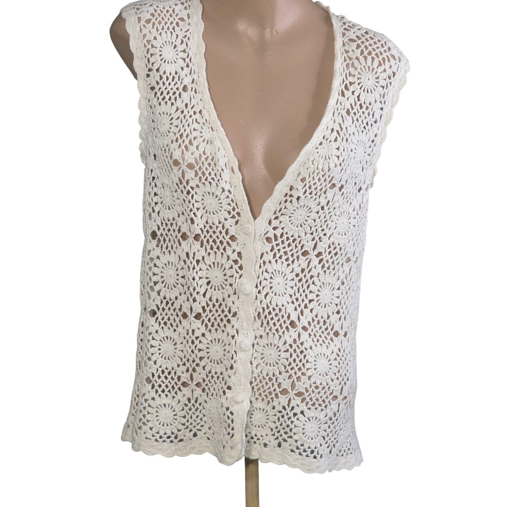 Chazz by Charles Graeber Crochet Vest Womens S Cottagecore Ramie Boho Pullover